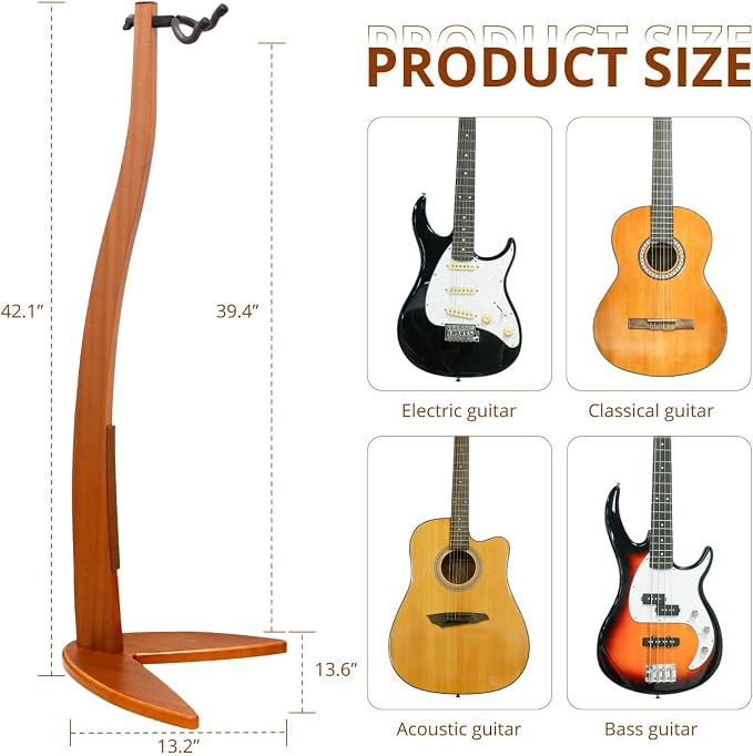MUSO Guitar Bass Hanger Stand, Solid Wood Bow Holder Mermaid Shaped for Display and Storage, 42 inches Height Anti-scratched and Anti-bump, Deorate Studios, Living room and Stage (Sapele, 1)