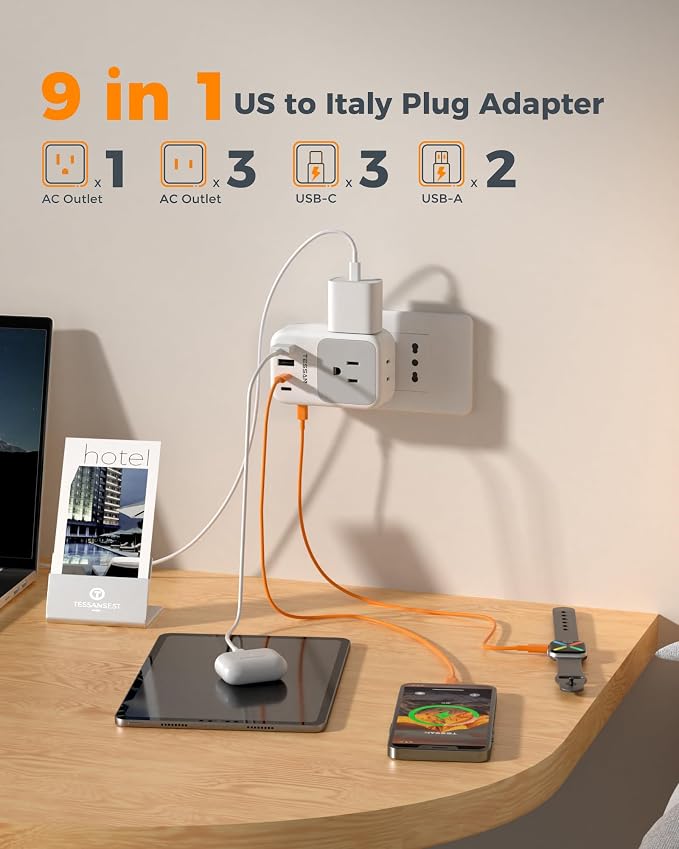 Italy Travel Plug Adapter 28W, TESSAN Italy Power Adapter with 4 Outlets 5 USB Ports (3 USB-C), Type L Outlet Adaptor for US to Italy Italian Chile Rome Uruguay Venice Libya Syria Tunisia, 2 Packs