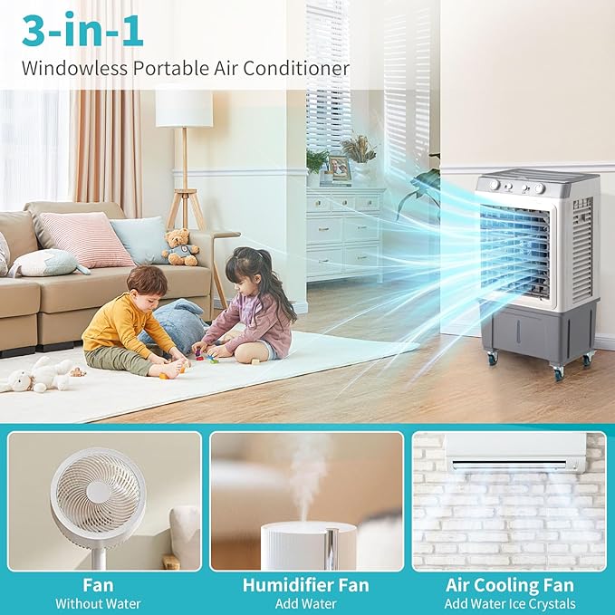 3 in 1 Portable Evaporative Air Cooler, Large Air Volume Swamp Cooler with Big Water Tank, Remote Control, Rolling Casters and Ice Packs for Indoor Outdoor Use White