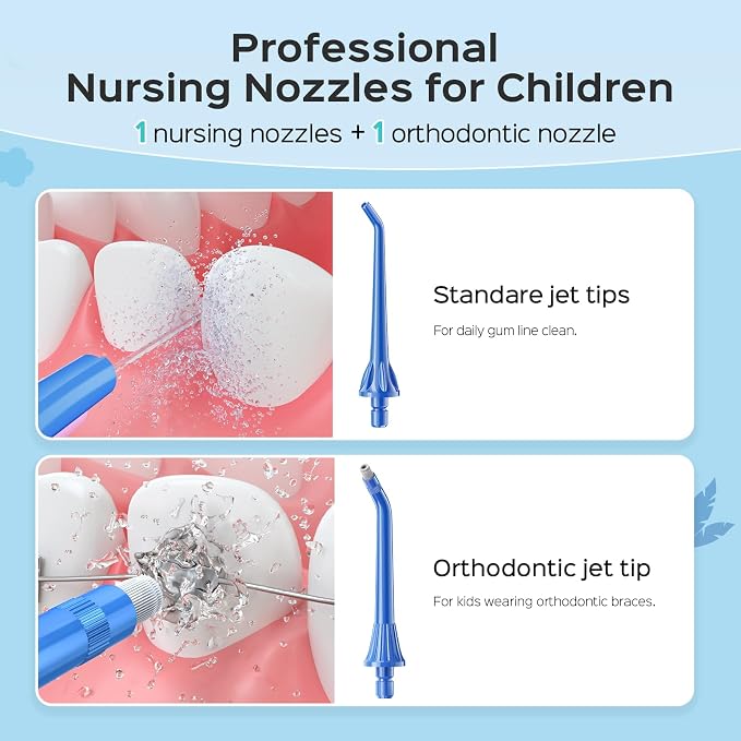COSLUS C31 Cordless Water Flosser for Kids, Cute Water Dental Pick for Teeth, Braces, Gums Care - 4 Modes for Users Ages 6+, Safe & Gentle, Rechargeable, Waterproof, Portable for Travel, Blue White