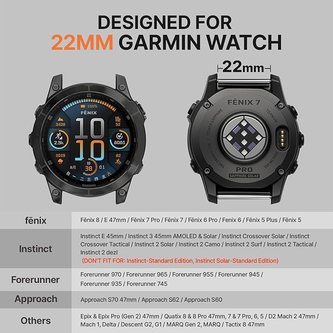 Bandletic Compatible with Garmin Epix Pro 2 Watch Band - 22mm Quick Fit Replacement Nylon Strap for Fenix 8 47mm 7 6 Pro/5 Plus/Instinct 3 E 45mm 2 /Forerunner 970/965/955/945/Approach S70/S62/S60