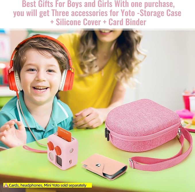 Hard Case Compatible with Yoto Mini (2024 Edition), 3-in-1 Travel Bundle: Silicone Cover + Case with Shoulder Strap (Fits Mini Player & Headphones) + Up to 10 Card Holder for YOTO Cards (Pink)