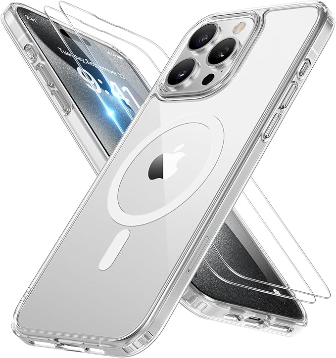 Miracase Magnetic for iPhone 15 Pro Case 6.1 inch (Compatible with MagSafe)（with 2X Screen Protectors）Military-Grade Protection, Anti-Fingerprint Translucent Matte Phone Cover, Clear
