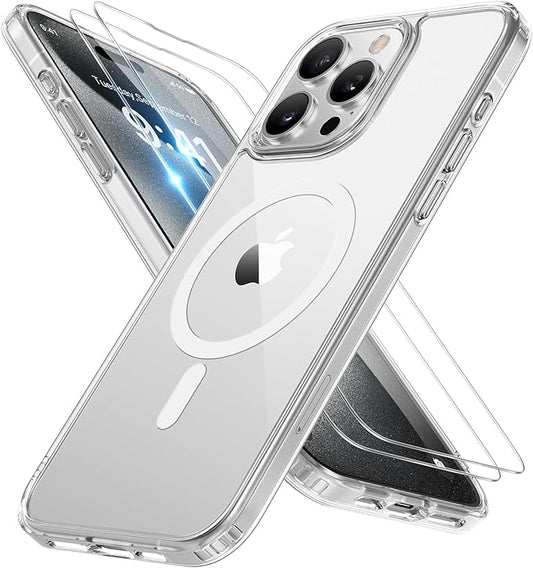 Miracase Magnetic for iPhone 15 Pro Case 6.1 inch (Compatible with MagSafe)（with 2X Screen Protectors）Military-Grade Protection, Anti-Fingerprint Translucent Matte Phone Cover, Clear