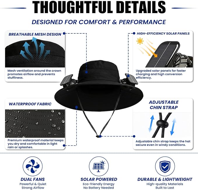 Solar Powered Fan hat with 2 USB Charging Removable Fans Wide Brim Sun Cooling in Them Sun for Adults Protection Fishing Beach Gardening with Earplugs