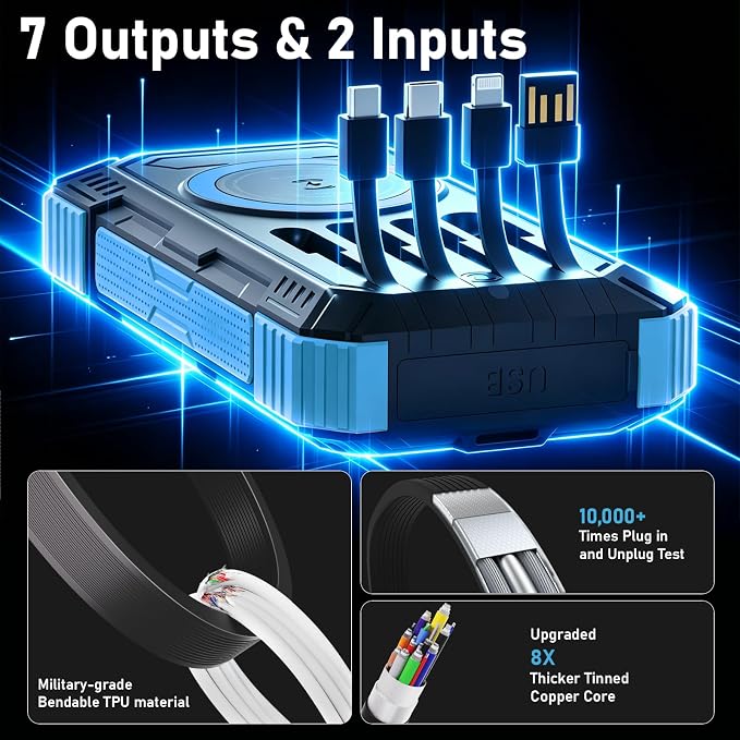 Solar Power Bank 49800mAh 22.5W QC3.0 Fast Charging Built in 4 Cables andNymzixt Solar Power Bank 20000mAh Portable Charger Built-in 3 Cables and Wireless Charging