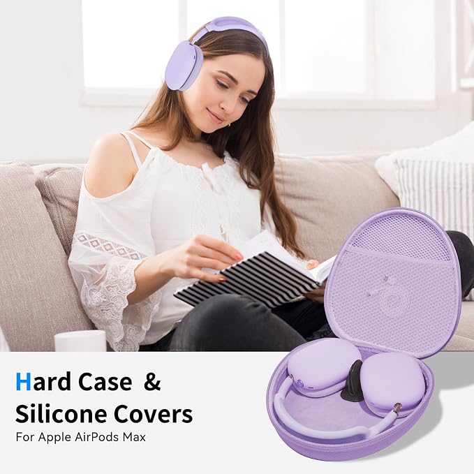 Hard Case for AirPods Max 2 Supports Sleep Mode,Travel Carrying Headphone Case with AirPods Max 2/1 Silicone Earpad Case/Ear Cups/Headband Cover,AirPod Max Protective Portable Storage Bag-Pastel Lilac
