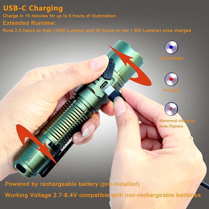 MX77 2530 Lumen LED Tactical Flashlight Law Enforcement, 390 Yards Beam Distance USB-C Rechargeable Pocket Flashlight with Battery