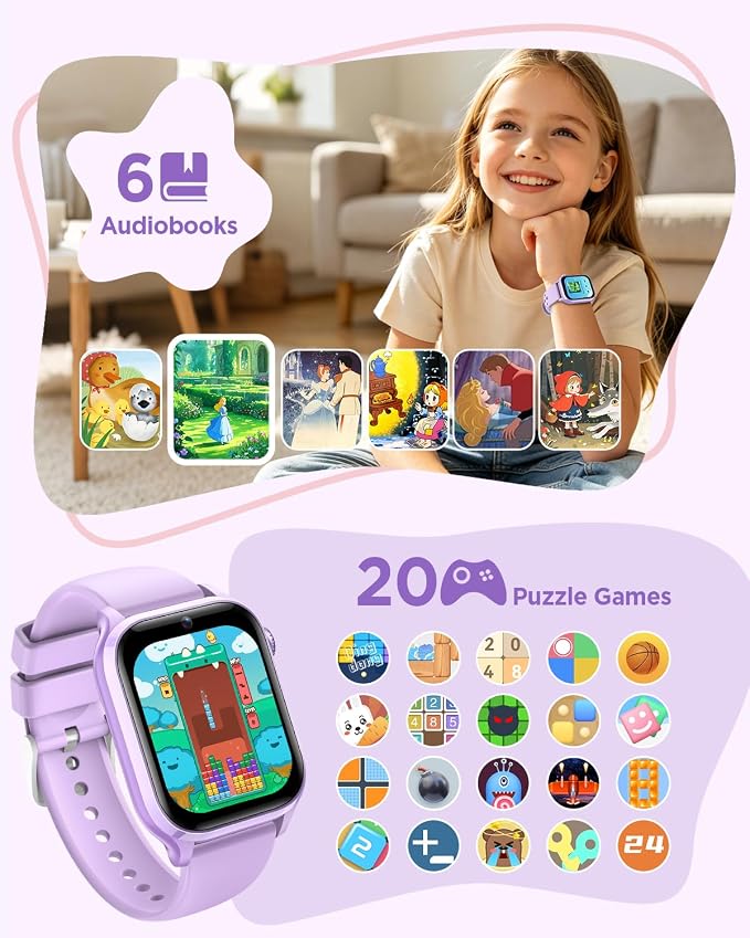 Smart Watch for Kids NO APP/Phone, 1.52" Fitness Tracker Watch Pedometer, Heart Rate, Flashlight, Video Camera, Puzzle Games, Sleep Monitor, IP68 Waterproof, Gift for Boys Girls 5-16,Purple