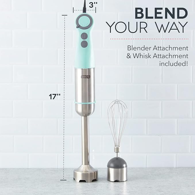 Dash Chef Series Immersion Hand Blender, 5 Speed, 330W Handheld Stick Blender with Whisk Attachment, Stainless Steel Blades for Soups, Sauces, Smoothies & Purées - Aqua