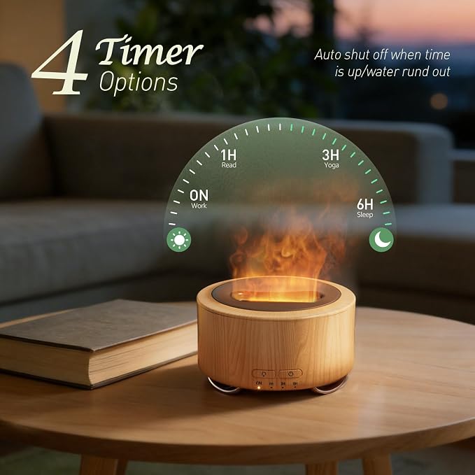 Essential Oil Diffuser for Home: 500ML Aroma Diffuser with Fireplace Flame Light & 9 Colors LED - Quiet <25dB Cool Mist Humidifier for Bedroom Office Yoga Room