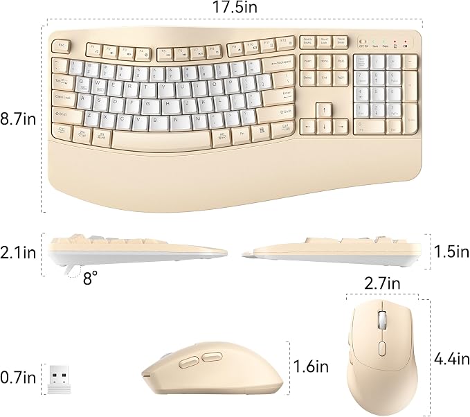 Ergonomic Wireless Keyboard and Mouse Combo, Wave Keys Keyboard with Wrist Rest for Natural Typing, 3 DPI Adjustable Ergonomic Silent Mouse for Computer/Laptop/Windows/Mac (Latte Color-B)