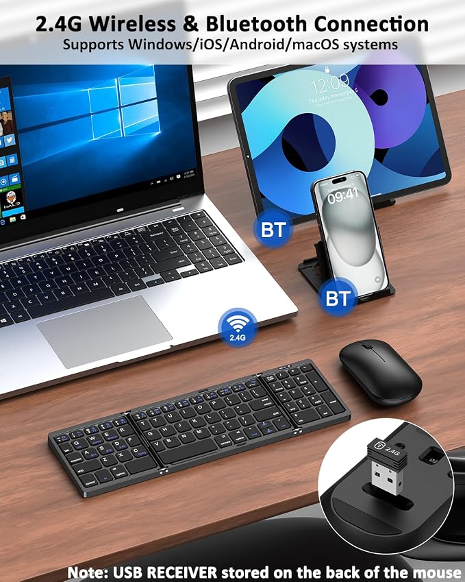 Foldable Keyboard and Mouse, Folding Wireless Keyboard Mouse Combo with Portable Case, Rechargeable 2.4G Wireless+Bluetooth Multi-Device Combo for Windows, iOS, Android, macOS PC/Laptop/Tablet