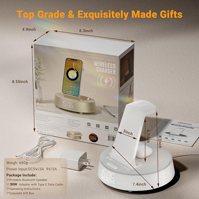 Alarm Clock with Wireless Charging Station, Clock for Bedroom with Night Light Bluetooth Speaker, Wireless Charger Dock Station for iPhone 17 16 15 14 13 12 Pro Max, Apple Watch 11, AirPods 3 (White)