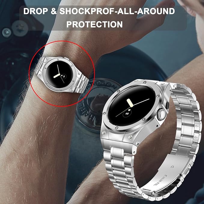 SUPLINK Stainless Steel Case and Bands Compatible with Google Pixel Watch 3 45mm Band Men, Rugged Metal Protective Case Adjustable Replacement Wristband for Google Watch 3 45mm (2024) - Silver
