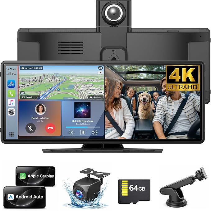 Wireless Carplay Screen for Car,10.26" Portable Apple Carplay and Android auto，4K Dash Cam with Rotatable Lens, 1080P Backup Camera, GPS Navigation, Mirror Link, Siri & Voice Control