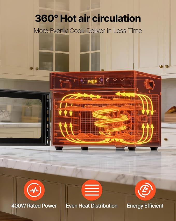 VEVOR Food Dehydrator Machine, 6 Stainless Steel Trays, 400W Electric Food Dryer with Adjustable Temperature & 24-Hour Timer, Food Dryer for Jerky, Meat, Fruit, Vegetables, Herbs, Dog Treats