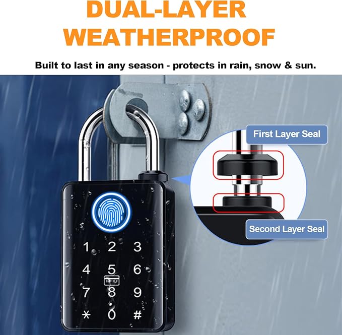 Heavy Duty Fingerprint Padlock with Key, Outdoor Smart Padlock with Code Keypad, Smart Combination Gate Lock for Outdoor Fence, Gate, Storage Unit, Tuya App, Waterproof (10 mm Shackle)