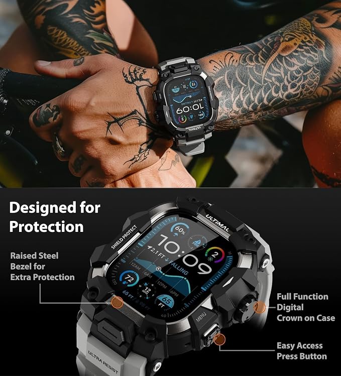 ULTIMAL Rugged Case with Band for Apple Watch 49mm,Compatible with Apple Watch Ultra 3/2/1, Military Grade Shockproof Bumper Cover for iWatch Tactical Band Men (49mm,Grey)