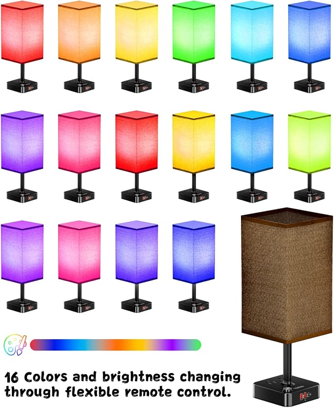 Bluetooth/WiFi RGB & USB Bedside Table Lamp with 3 USB Charging Ports 2 Outlets Power Strip, LED Light Bulb Dimmable, Music Sync Color Changing Light (RGB - Brown Shade)