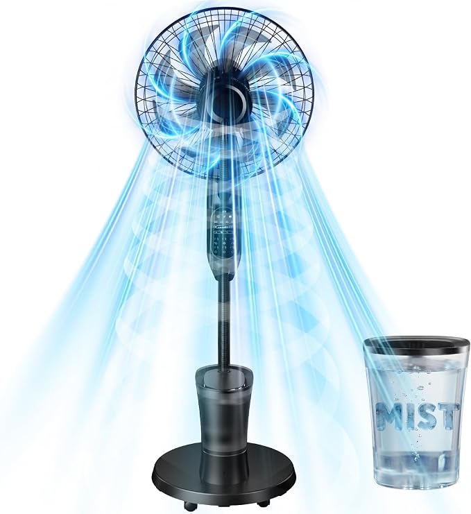 Standing Fan, 16'' Humidifier Fan - Misting Fan, Fan for Bedroom Oscillating Pedestal Fan with 3 Modes 9 Speeds 7H Timer for Daily Indoor Cool - 2026 Model