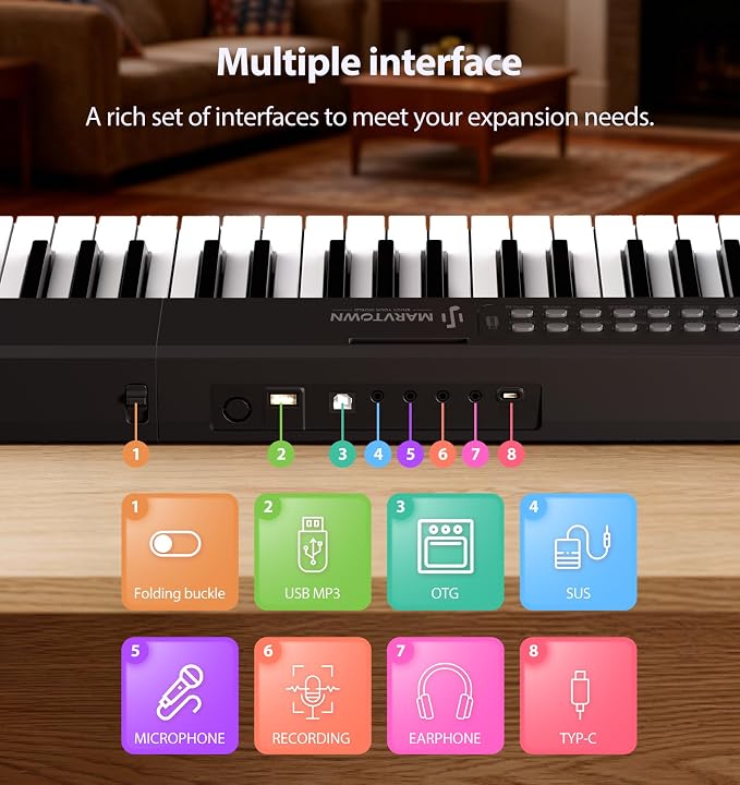 MARVTOWN Portable Folding Piano Keyboard,88Keys Semi-Weighted Full Size,Foldable Digital Piano, Rechargeable Electric/Electronic Keyboard Piano w/MIDI Bluetooth&2 Speakers&Carry-case Beginners Gift