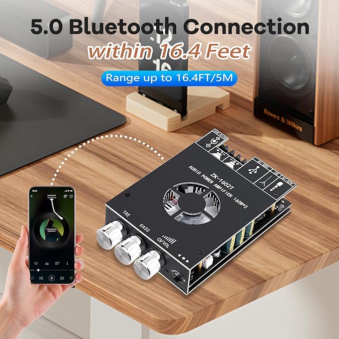 Daakro ZK-1602T Bluetooth Amplifier Board,160W+160W 2.0 Channel Amp Board with Treble and Bass Control,DC 15-36V, Bluetooth and AUX Inputs, Audio Amp Board for Home DIY Wireless Speaker, Password Free