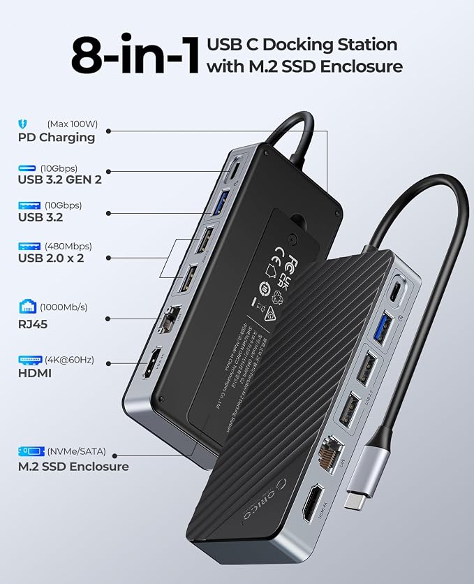 ORICO 8-in-1 USB C Docking Station with M.2 SSD Enclosure, USB-C Hub Fits M.2 NVMe/SATA SSD, 10Gbps, 4K@60Hz HDMI, 100W PD, Ethernet