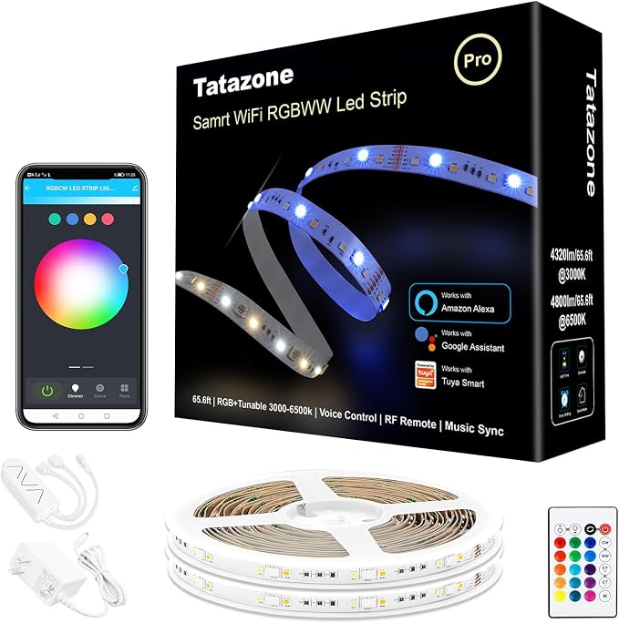 Tatazone RGBWW Smart LED Strip Lights, 65.6ft Tunable White 3000K to 6500K+RGB WiFi Led Lights Work with Alexa Google, Music Sync Color Changing Indoor for Kitchen, Room, Cabinet, 2 Roll of 32.8ft