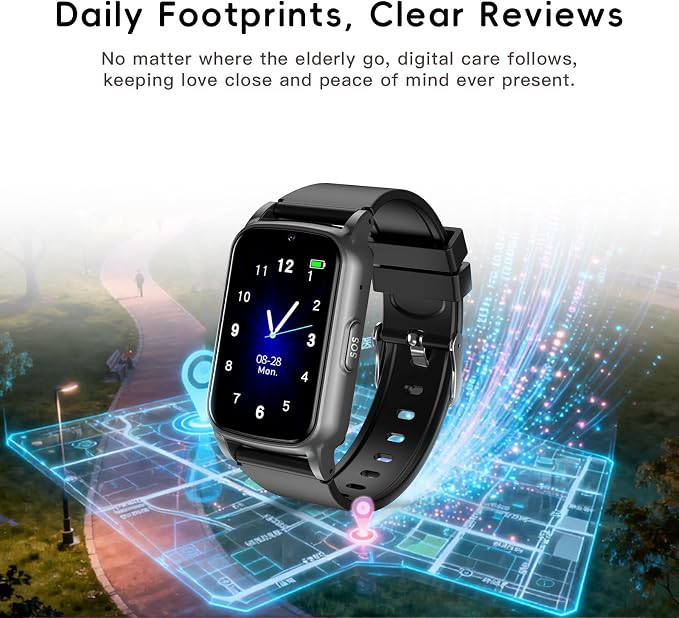 Senior GPS Smart Watch with Fall Detection - 4G LTE Elderly Smartwatch with Real-Time Location, SOS Alerts, and IP67 Waterproof - Ideal for Dementia/Alzheimer’s Safety (Black)