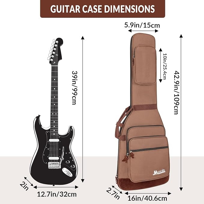 Electric Guitar Bag 0.5 Inch Padding Electric Guitar Case, Electric Guitar Gig Bag Backpack with Neck Strap and 4 Pockets, Brown
