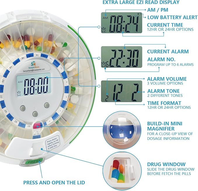 Automatic Pill Dispenser with Safety Lock, Flashing Light, Sound, Alarm, 28-Day Electronic Medication Dispenser for Vitamins and Tablets Up 6 Times/Day, Easy Read Display, Clear Lid