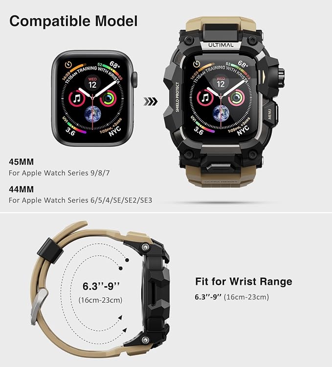 ULTIMAL Rugged Case with Band for Apple Watch 44mm,Compatible with Apple Watch Series SE 3/SE 2/SE Generation/6/5/4, Military Grade Shockproof Bumper Cover for iWatch Tactical Band Men (44mm,Desert Yellow)