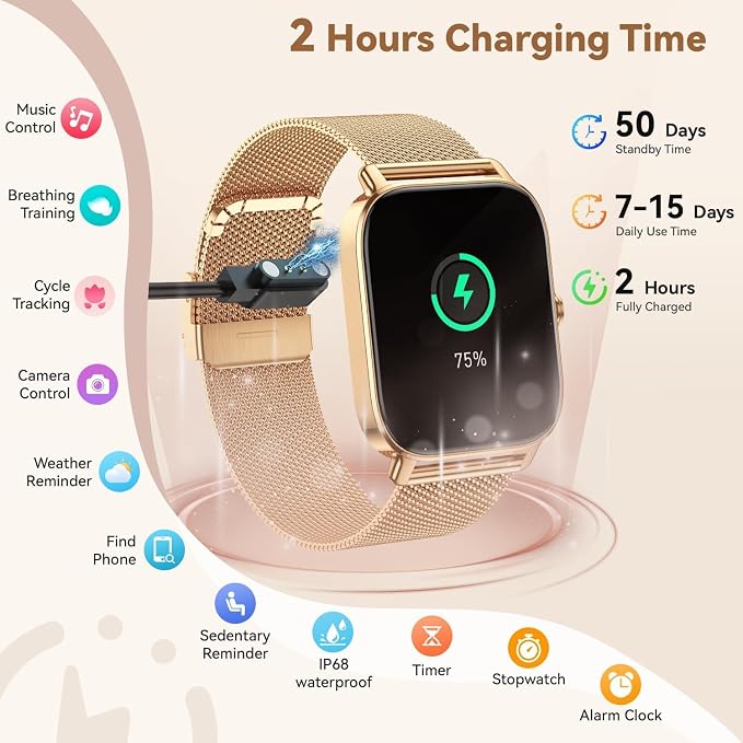 Smart Watch for Women Men Fitness: Waterproof Make Answer Call Digital Mens Watches Running Pedometer Smartwatch for Android Phone iPhone Samsung Compatible Heart Rate Monitor SpO2 Step Tracker Gold