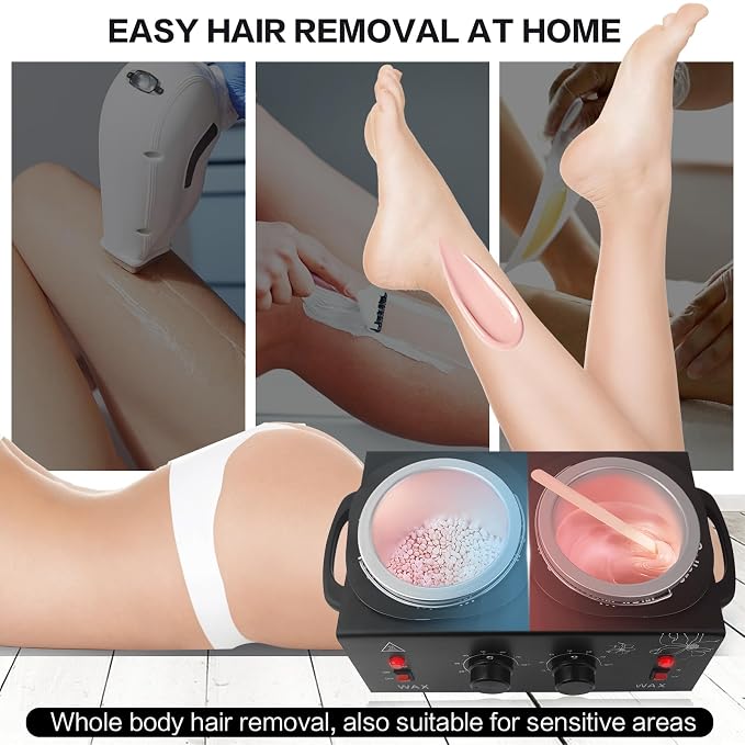 Portable Wax Warmer Machine for Painless Hair Removal, Women Men Professional Wax Heater with Adjustable Temperature Set, 40pcs Sticks, 2 Silicone Bowls (Black - Double Pots)