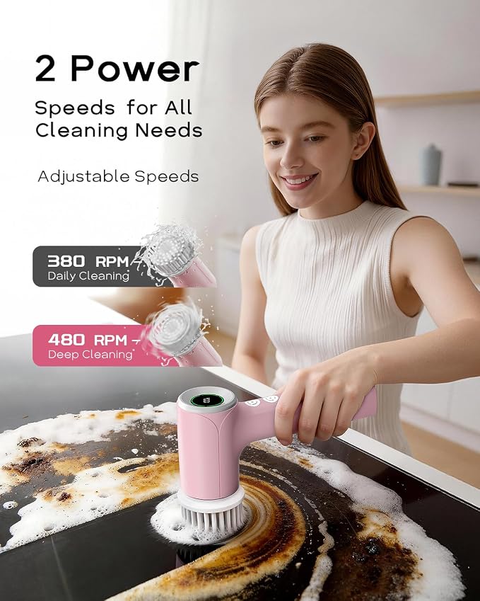 PUFTEM Shower Scrubber, Electric Spin Scrubber for Bathroom Cleaning – Cordless Shower Cleaner Brush with 6 Brush Heads, Dual-Direction Rotation, for Grout, Tile, Tub, Sink & Corners, Pink
