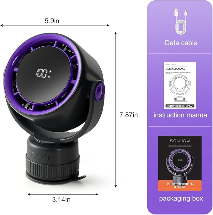 Desk Fan - 120° Oscillating Portable Table Fan, Rechargeable Wall Mount Air Circulator with Twist-Lock Suction Cup for Kitchen, Bathroom, Office and Travel, Black