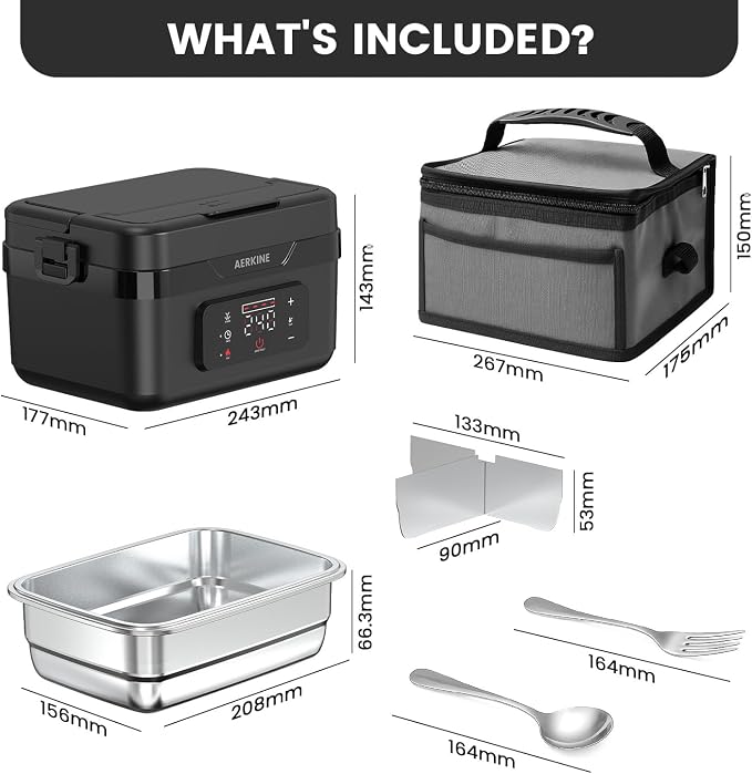 Electric Lunch Box - Rechargeable 75W Self-Heating Food Warmer with 6.3 Cups(1.5L) Stainless Steel Container, Heated Lunch Box For Office, Picnic, Car & Outdoor Use(Black)
