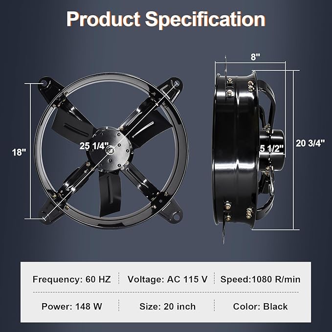Hiorucet 20 Inch Wall Mounted Attic Gable Vent Fan with Adjustable Temperature Thermostat Control, 60HZ, 115V, 1080R/min, 148W, Gable Mount Vent Attic Fan with Pure Copper Motor, High Speed Low Noise