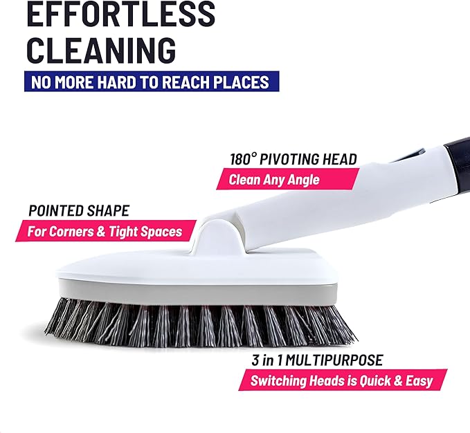 Moku Home Shower Scrubber 3 in 1 Extendable Long Handle 58" Cleaning Brush Bundle Value Pack - Non Scratch Shower Brush for Cleaning Bathroom Kitchen Toilet Wall Tub Tile Sink with 8 Refills (Gray)