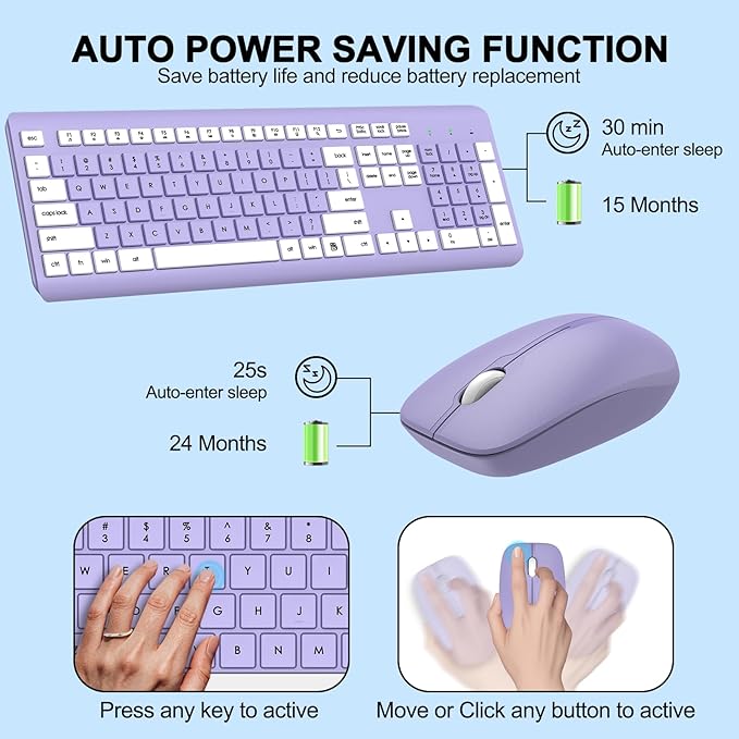 Wireless Keyboard and Mouse Combo, Full-Size Silent Ergonomic Keyboard and Optical Mouse, Long Battery Life, 2.4G Lag-Free Mice Keyboard for Computer, Mac, Laptop, PC, Windows(Purple)
