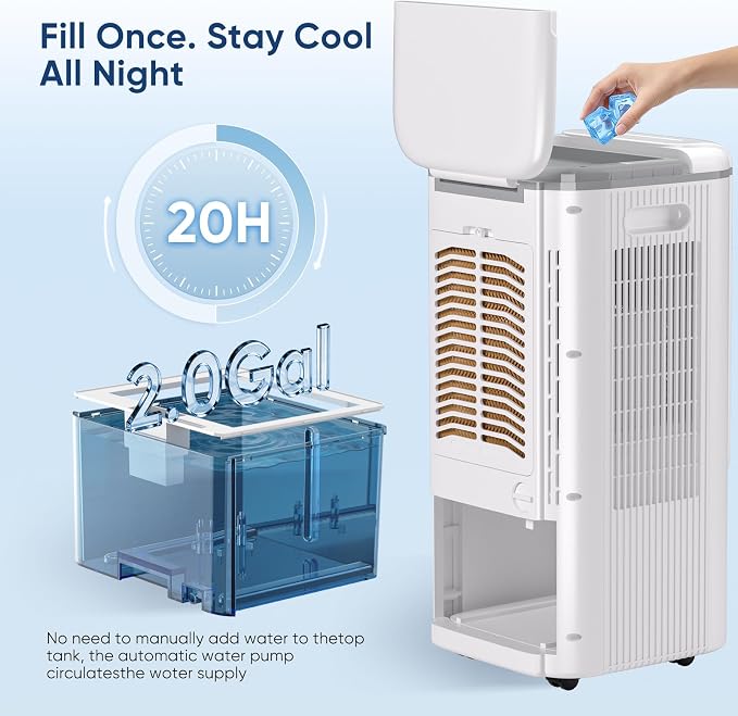 Evaporative Air Conditioners, Portable Personal Air Cooler with Detachable Water Tank & Ice Box, 36-40dB Quiet Air Cooling Fan with Child Lock, Evaporative Cooler for Bedroom Swamp Cooler