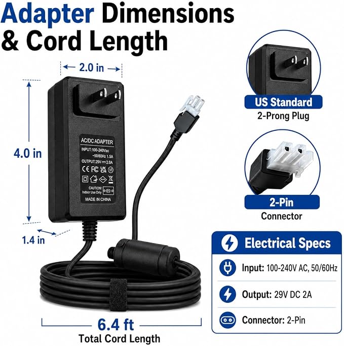29V 2A Standing Desk Power Cord, 2-Pin Power Supply Adapter Compatible with Claiks P1.01.001/P101001 40/48/55/63 Inch Electric Desk, YH-K290018-C Charger Replacement