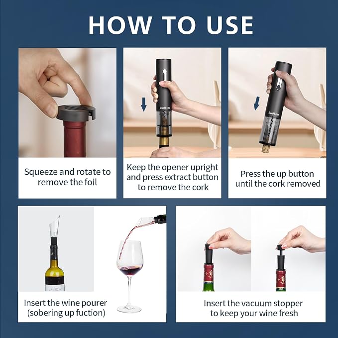 5-in-1 Electric Wine Opener Set, Automatic Batter Powered Corkscrew Kit Includes Wine Aerator Pourer & 2 Vacuum Stoppers, Foil Cutter, Ultimate Cordless Auto Wine Bottle Opener Gift Set
