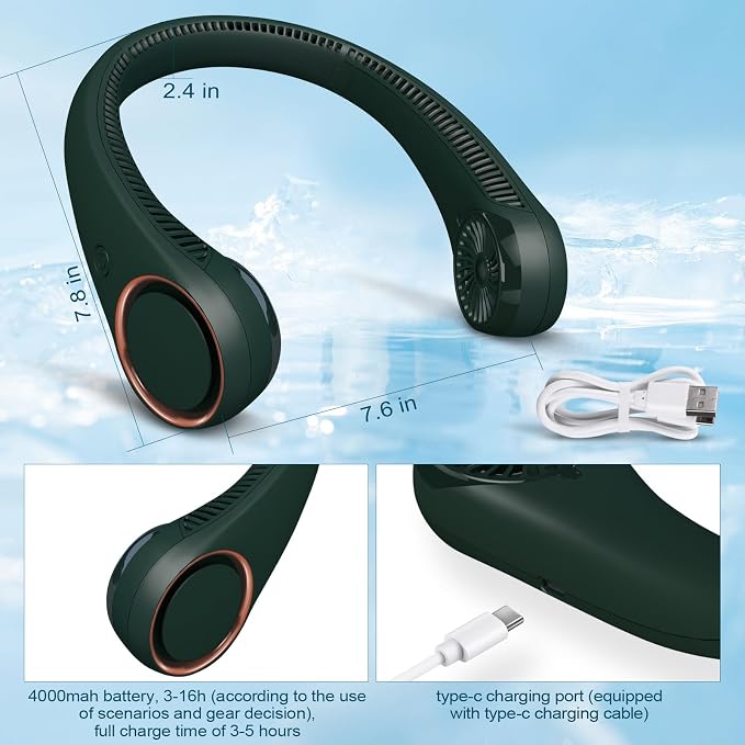 CIVPOWER Neck Fan: Portable Personal Neck Cooling Rechargeable Bladeless Fan - Hands Free 3 Speed 4000 mAh Battery USB Operated Wearable Headphone Design - Gift for Men Women Outdoor (Dark Green)