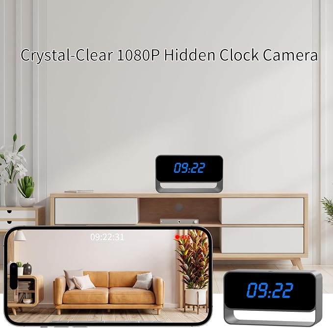 HiSpyCam Mini Wireless Security Camera with Clock Display - Full HD 1080P - WiFi Nanny Cam for Home Use - Strong Night Vision - Cloud/Local Storage