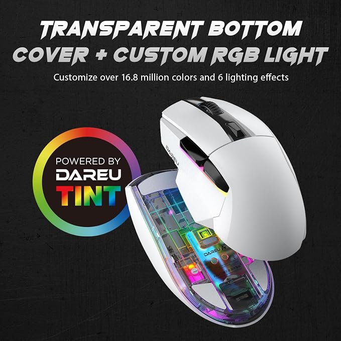 DAREU A955 Wireless Gaming Mouse with RGB Charging Dock: Tri-Mode 2.4G/USB-C/BT Mouse Up to 12K DPI Optical Sensor -KBS II Buttons Fully Programmable- 120 Hr Battery