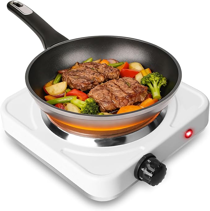 Portable Hot Plate, 1500W Cast Iron Single Countertop Burner, Electric Stove with 5 Levels Adjustable Temperature, Cooktop for Home RV Camping, Easy to Clean, White