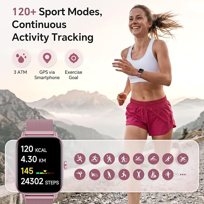 Smart Watches for Women (Calls/SMS/Reminders), 1.85" HD Alexa Smart Watch for Android Phones & iphone Compatible, 120+ Sport Modes Fitness Watch, Heart Rate/SpO2/Sleep Tracker, 3ATM Fitness Trackers