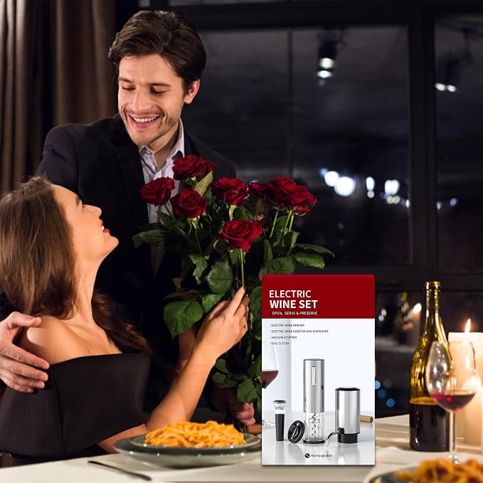 Wine Gifts-Electric Wine Opener and Aerator Set- Rechargeable Wine Dispenser Pourer, Wine Bottle Opener with Led Light, Foil Cutter, Vacuum Stoppers,Silver Set